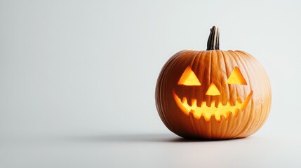 Carved Halloween pumpkin with a glowing grin, against a plain white background.