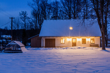 Winter view of a old village house in the Czech Republic
