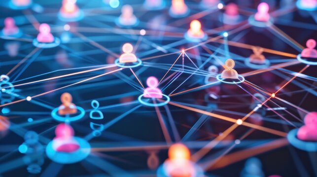 A colorful network of people is displayed in a blue background