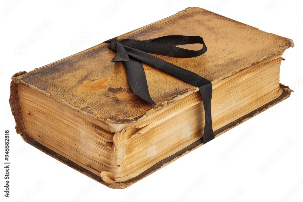 Poster a vintage book bound in leather with a black ribbon wrapped around it, perfect for use in editorial 