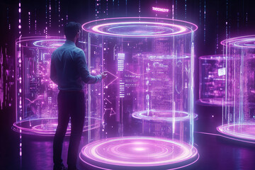 Navigating the Dataverse: A lone figure immersed in a luminous network of data visualizations, symbolizing the power of big data and analysis in the digital age.