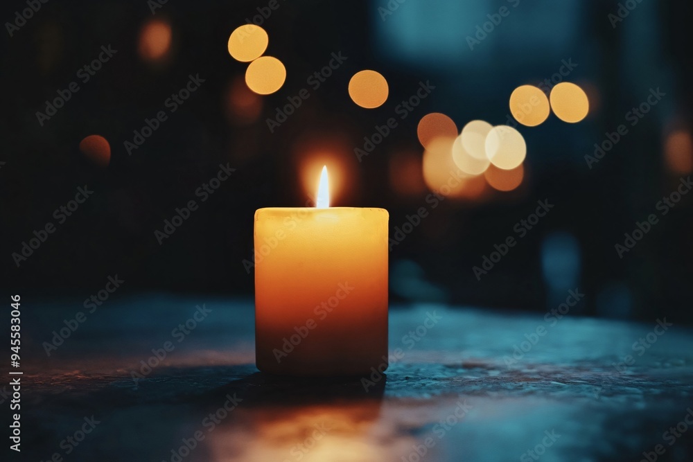 Poster single burning candle is casting a warm glow on a dark surface, with out-of-focus lights creating a 