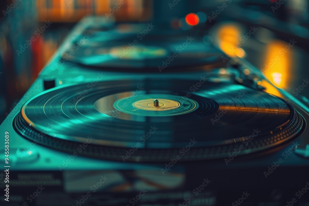 Poster A close-up shot of a turntable with a blurry background, ideal for use in music-related projects or as a design element