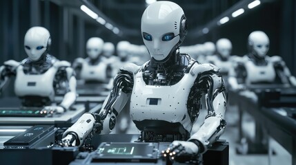 Fototapeta premium Industrial robots working in unison on a production line, assembling electronic devices