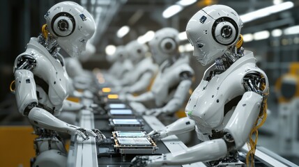 Fototapeta premium Industrial robots working on an assembly line, manufacturing electronic devices