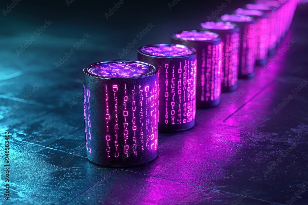 Poster futuristic glowing cylinders displaying digital data, perfect for technology and science-themed proj
