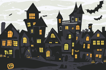 Halloween town silhouette of haunted houses, bats, pumpkins and a full moon with a scary feeling