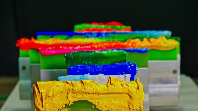 Fabric printing ink on squeegees arranged in rows. A collection of thick, glossy paint samples in various bright hues, arranged in a horizontal line against a dark background.
Tee shirt printing ink
