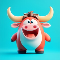 A cheerful cartoon bull character with large horns and a big smile against a bright background.