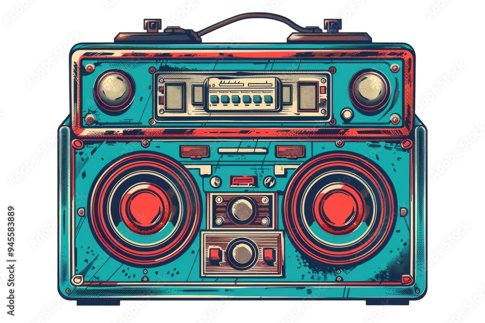 Poster a portable cassette player sitting on a table, featuring blue and red colors