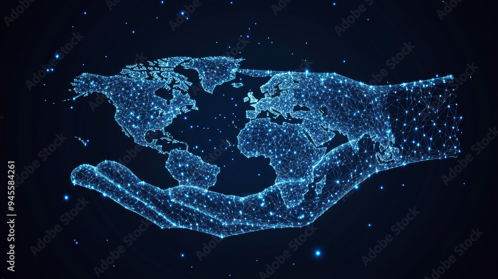 Poster a low-poly wireframe image of a world map held in a hand's palm. the vector polygonal design resembl