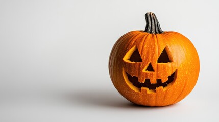 A Halloween pumpkin with a mischievous grin, isolated on a bright white background.