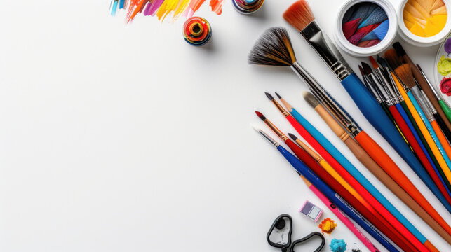 A variety of art supplies, including brushes, paints, and other tools, arranged on a white background, ideal for creativity themes.