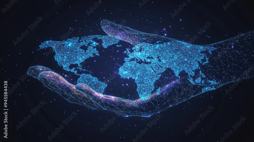 Poster a low-poly wireframe image of a world map held in a hand's palm. the vector polygonal design resembl