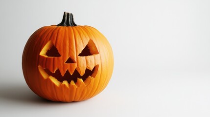 A Halloween pumpkin with a carved spooky face, set against a clean white background.
