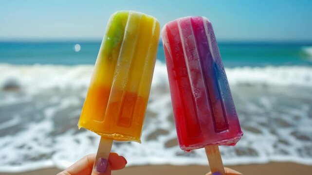 Vibrant popsicles floating with a colorful bokeh background. Ideal for summer and refreshment concepts.