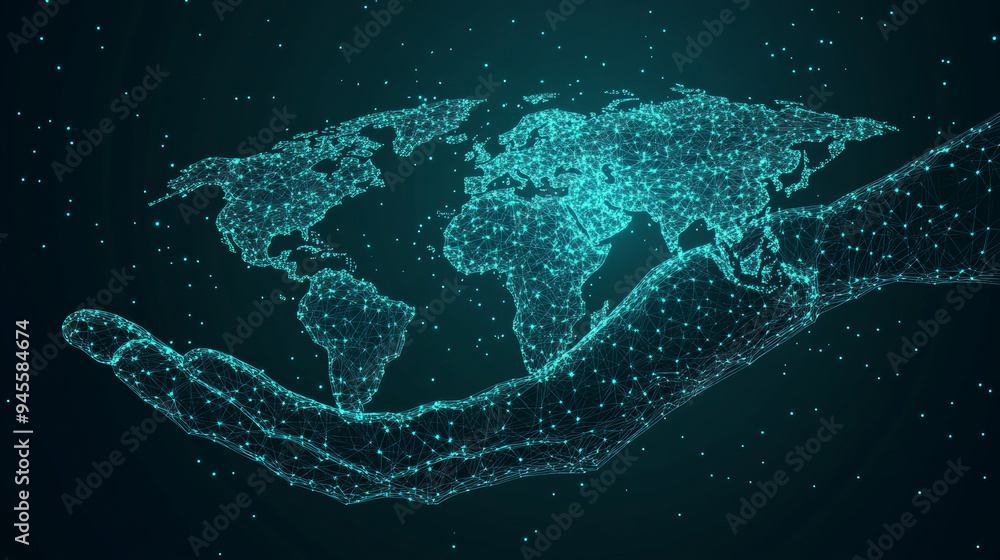 Poster a low-poly wireframe image of a world map held in a hand's palm. the vector polygonal design resembl