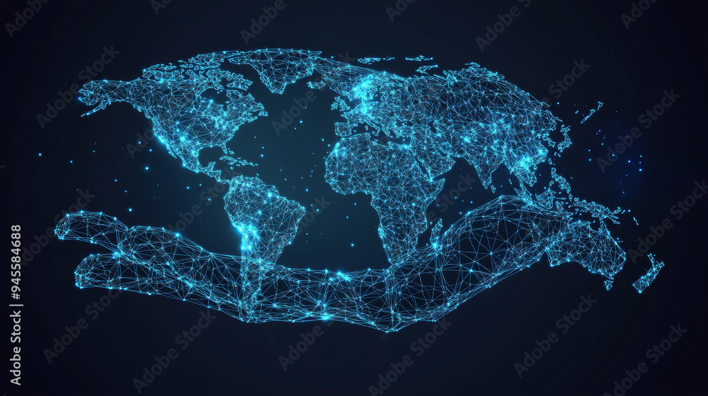Poster a low-poly wireframe image of a world map held in a hand's palm. the vector polygonal design resembl