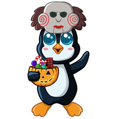A chibi penguin carries a bunch of candy with Jigsaw's mask off. Perfect for stickers, halloween product, etc