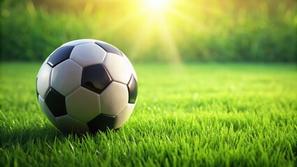 Fototapeta premium Soccer ball resting on vibrant green grass , sports, outdoor, recreation, football, soccer, competition, field, grass, game, turf