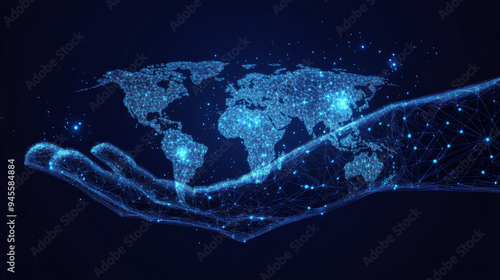 Poster a low-poly wireframe image of a world map held in a hand's palm. the vector polygonal design resembl
