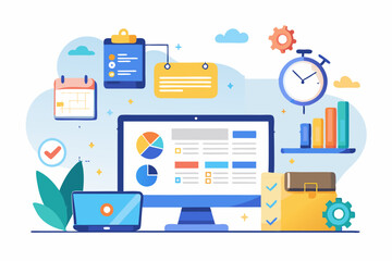 Project management, planning for software development, resources and budget planning, project schedule diagram, gantt chart for work deadline concept, computer laptop with project management software
