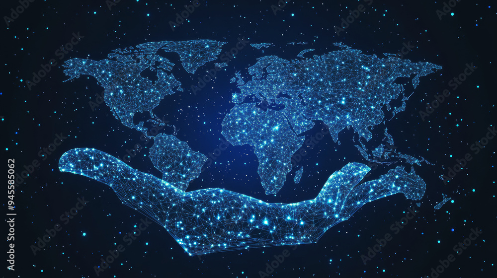 Poster a low-poly wireframe image of a world map held in a hand's palm. the vector polygonal design resembl
