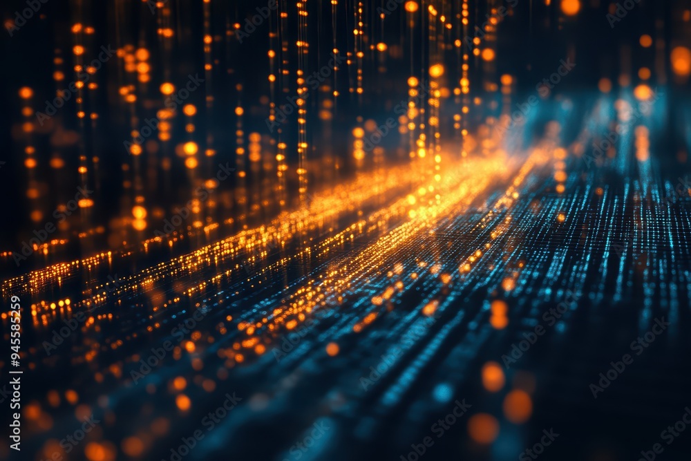 Poster a vibrant display of glowing particles and lines, creating a dynamic fusion of orange and blue in a 