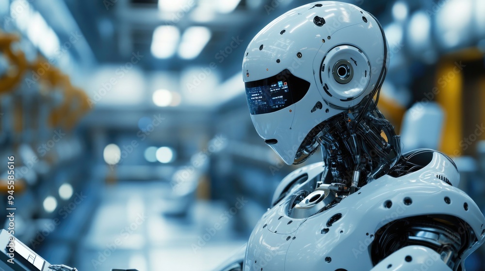 Poster robot performing a task in a smart factory, showcasing industrial automation