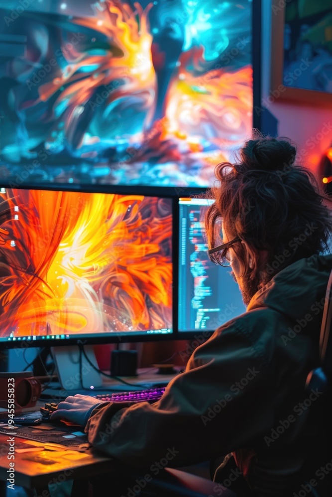 Aufkleber A woman sitting in front of two computer monitors with focused expression