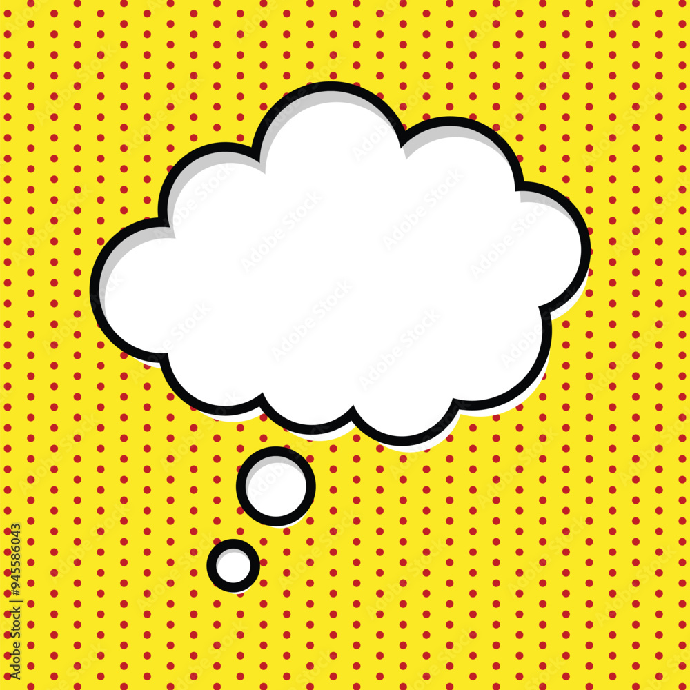 Poster Cloud of thoughts with red dots on yellow background. speech bubbles. comic book explosion vector design. pop art style vector icon speech bubbles