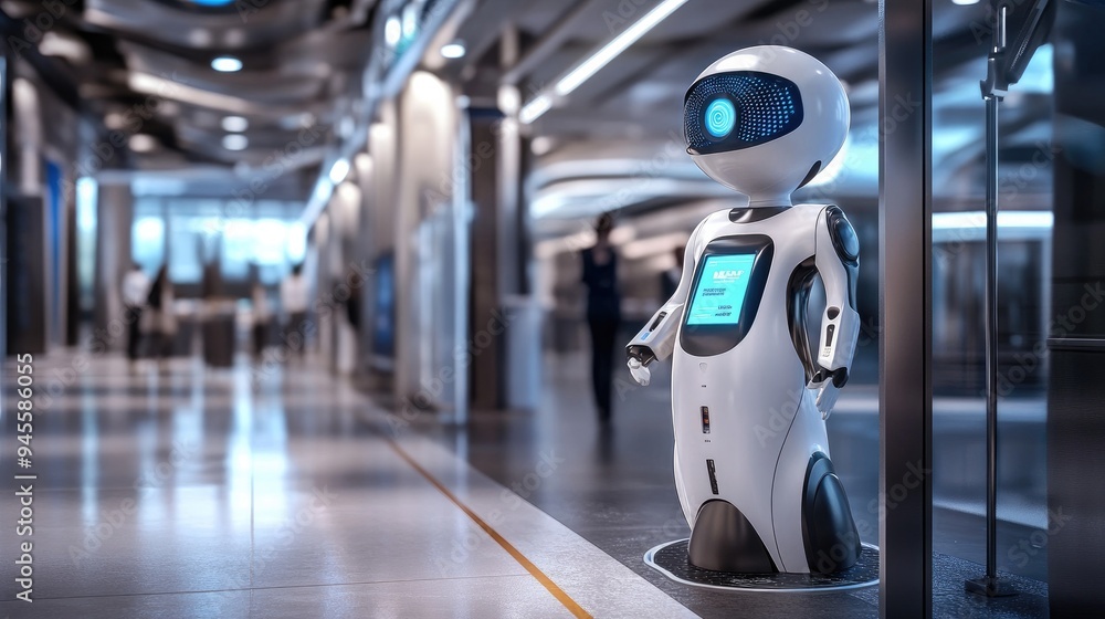 Poster robot with ai capabilities assisting in a customer service role at a kiosk