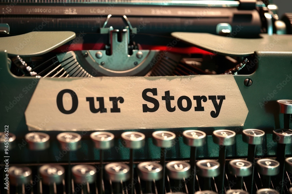 Fototapete our story, says beginning of story on a page in an old-fashioned retro typewriter typescript in an o