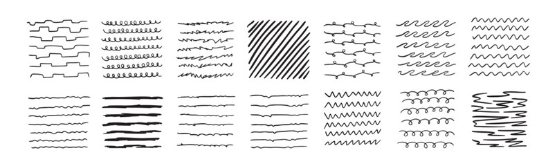Lines by pen Hand drawn black Doodle strokes, underlines by pencil. Brush scribbles, frames, borders, design elements.