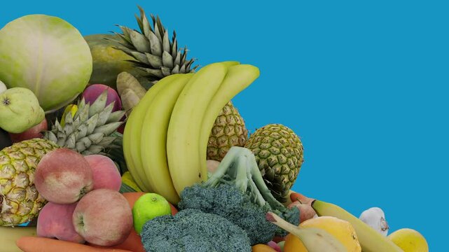  Fresh Fruits and Vegetables Falling on Blue Background with Copy Space, 3D Animation

