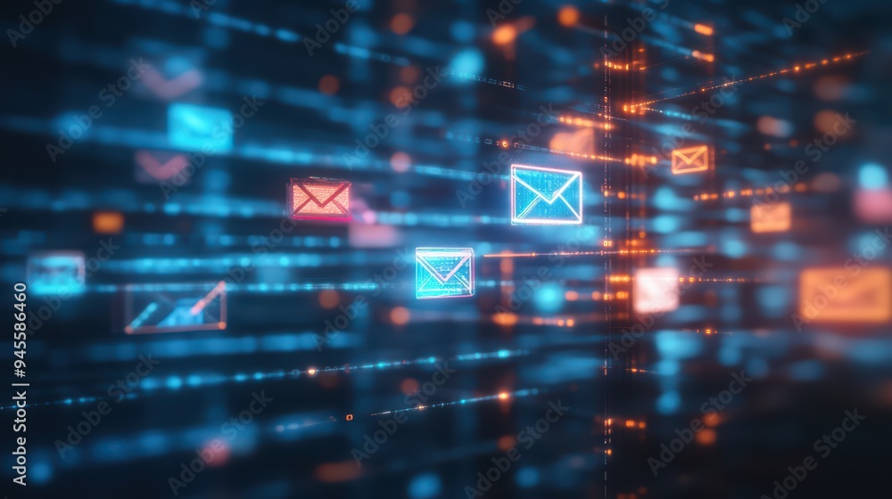 Poster abstract digital communication concept with glowing email icons representing messages in a futuristi