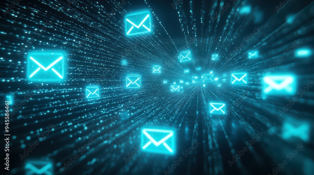 Poster abstract digital design featuring glowing email symbols representing fast communication and data flo