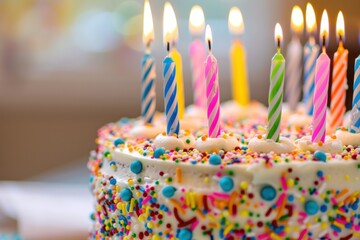 Birthday cake with colorful sprinkles and ten candles, with a close-up of the cake top and a blurred background