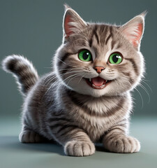 Fototapeta premium Funny cartoon gray white Cute 3D kitten cat with green eyes