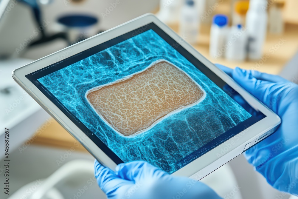 Poster close-up of a scientist holding a tablet displaying microscopic view of a sample in a laboratory env