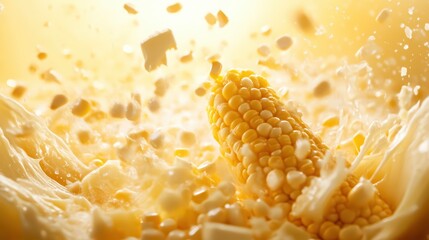 Close-up shot of popping corn with vibrant yellow hues, capturing the explosion of kernels and delicious buttery texture.
