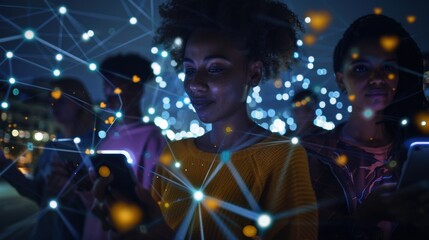 A group of people are looking at their phones in a dark room