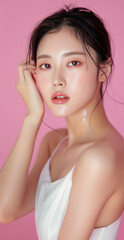 Elegant Korean Model with Radiant Skin and Soft Makeup on a Pink Background
