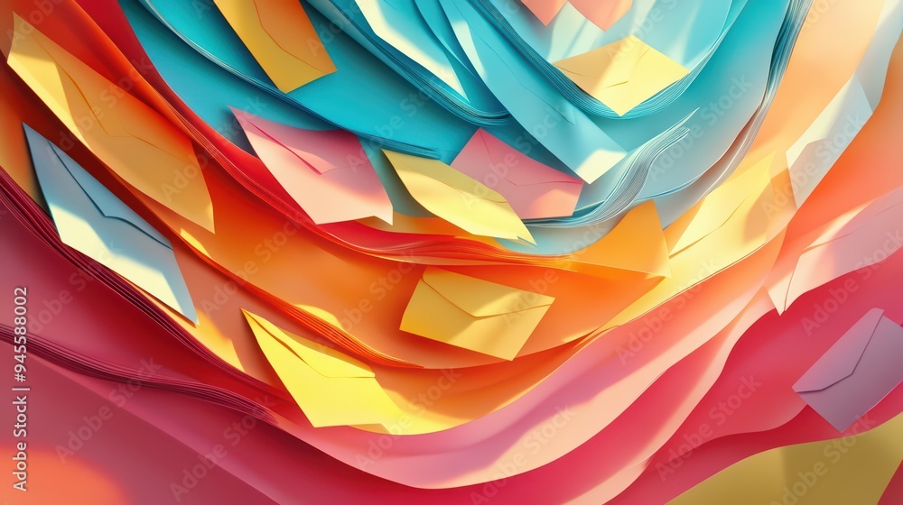 Poster colorful swirling layers of paper featuring sticky notes, creating an abstract and vibrant backgroun