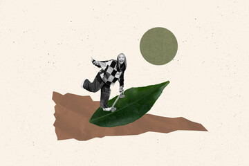 Creative abstract template collage of natural leaf summer celebrate girl skateboard weird freak...