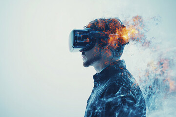 Virtual Reality: Burning with Potential - A man wearing a VR headset stands against a white background, his head engulfed in flames, symbolizing the intense possibilities and transformative power of v