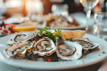 Freshly shucked oysters served on a platter at a coastal restaurant during a sunny afternoon lunch gathering