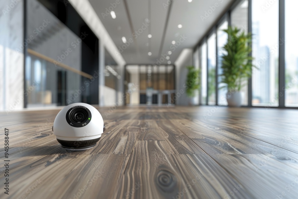 Poster a camera sitting on a wooden floor, ideal for use in photography or technology-related contexts