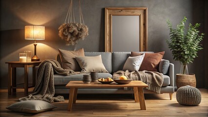 A cozy living room scene with a large wooden frame, surrounded by muted earth tones, againt a dark grey backdrop, emphasizing texture and calmness.