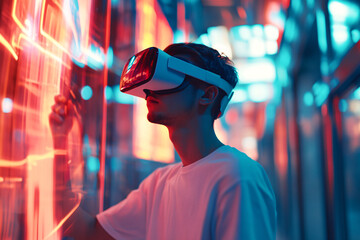 Obraz premium VR Cityscape: A young man wearing VR goggles interacts with a futuristic neon cityscape, representing the immersive potential of virtual reality. The vibrant colors and dynamic scene evoke a sense of 